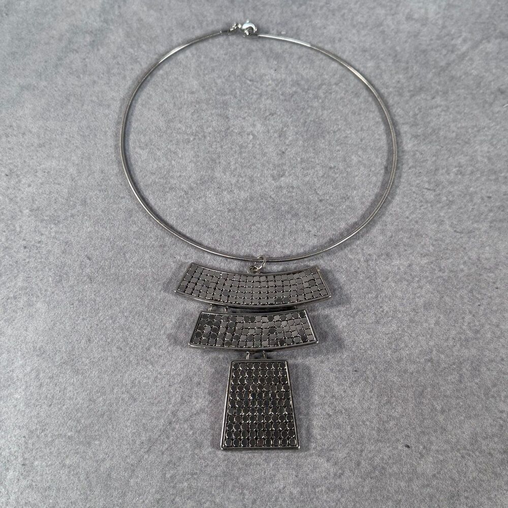 Vintage Modernist Silver Tone Tiered Grid Mesh Pendant Omega Collar Choker Neck